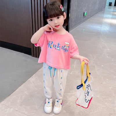 Korean children"s summer girls" suit new summer baby printed short sleeve T-shirt children"s sports pants