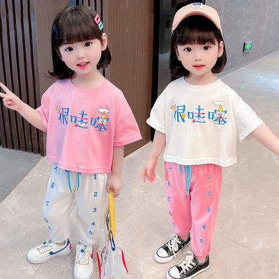 Korean children"s summer girls" suit new summer baby printed short sleeve T-shirt children"s sports pants