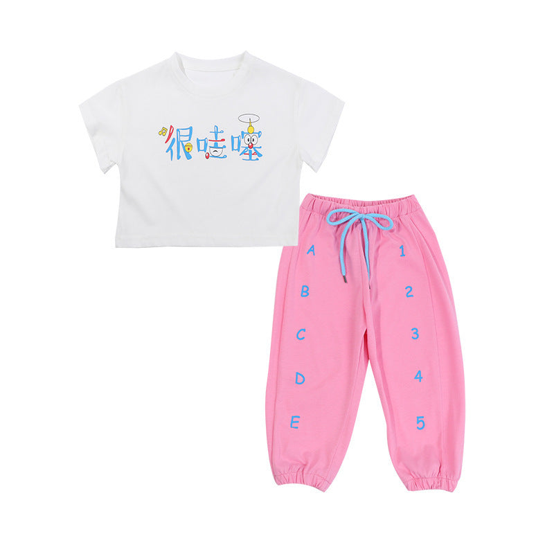 Korean children"s summer girls" suit new summer baby printed short sleeve T-shirt children"s sports pants