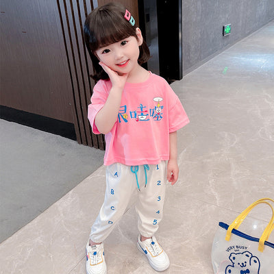 Korean children"s summer girls" suit new summer baby printed short sleeve T-shirt children"s sports pants